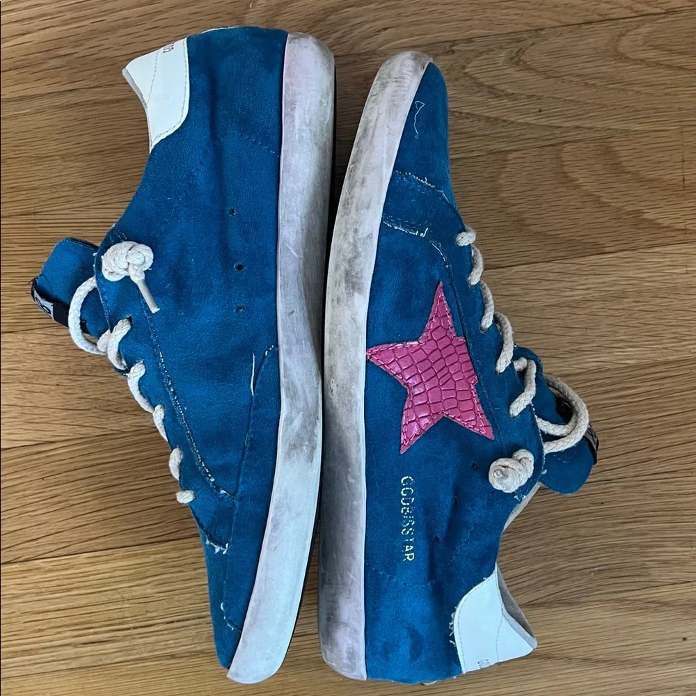 🕶️GGDB Golden Goose SUPERSTAR DISTRESSED TRAINERS IN turquoise w pink star US 11 - Picture 3 of 9